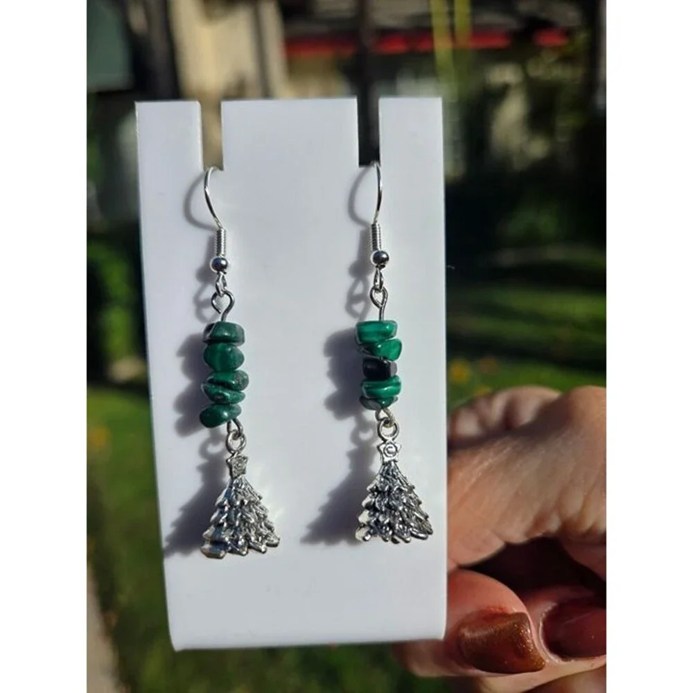 Malachite Chips Christmas Tree Charm Gemstone Festive Earrings
